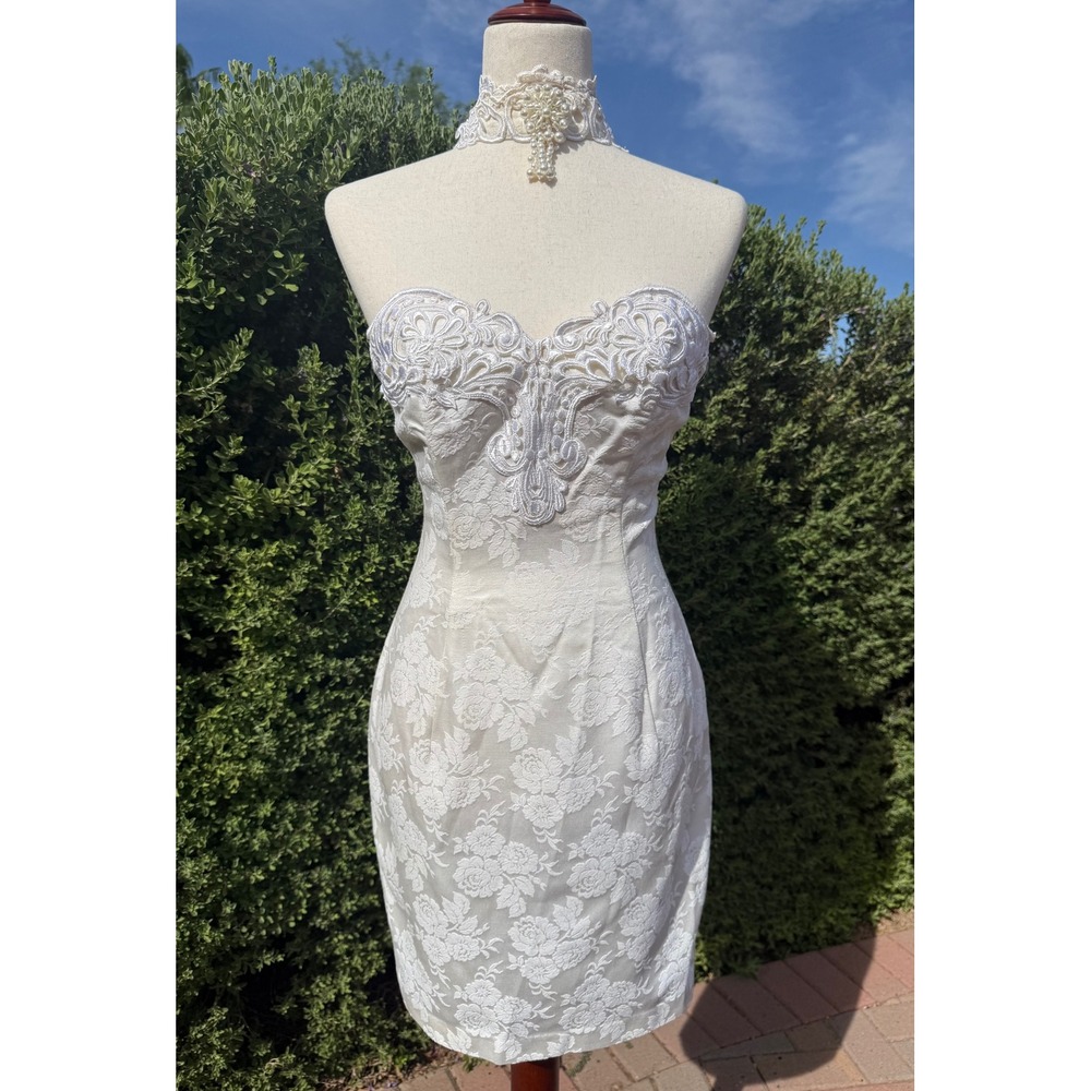Vintage 90s Jessica McClintock Gunne Sax Ivory Damask Pearl Choker Dress 7/8 S